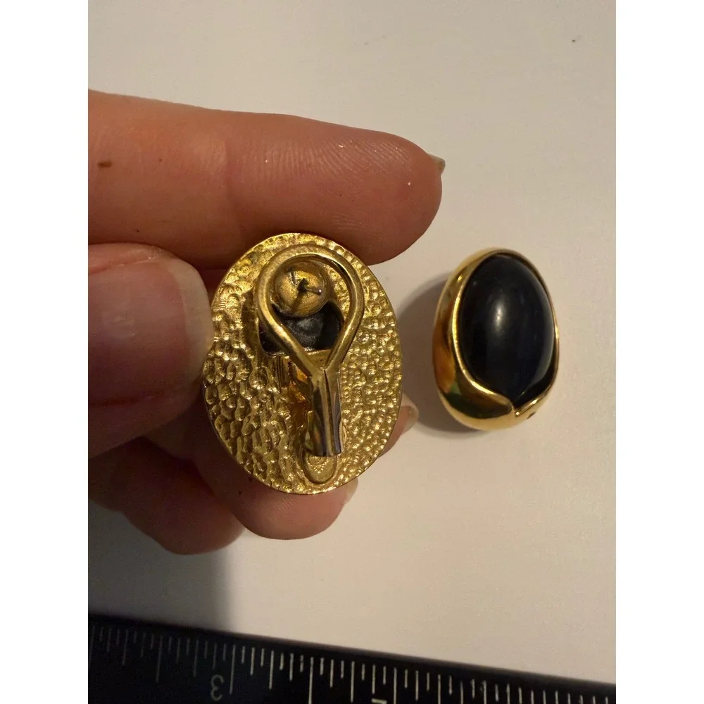 Vintage Gold Tone Black Cabochon Oval Omega Back Post Earrings Statement Jewelry